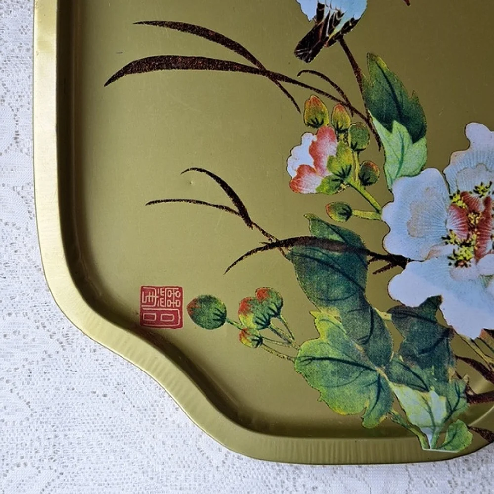 Vintage Large Gold Metal Tin Tray Bird and Magnolia Flowers Hong Kong 11 x 13